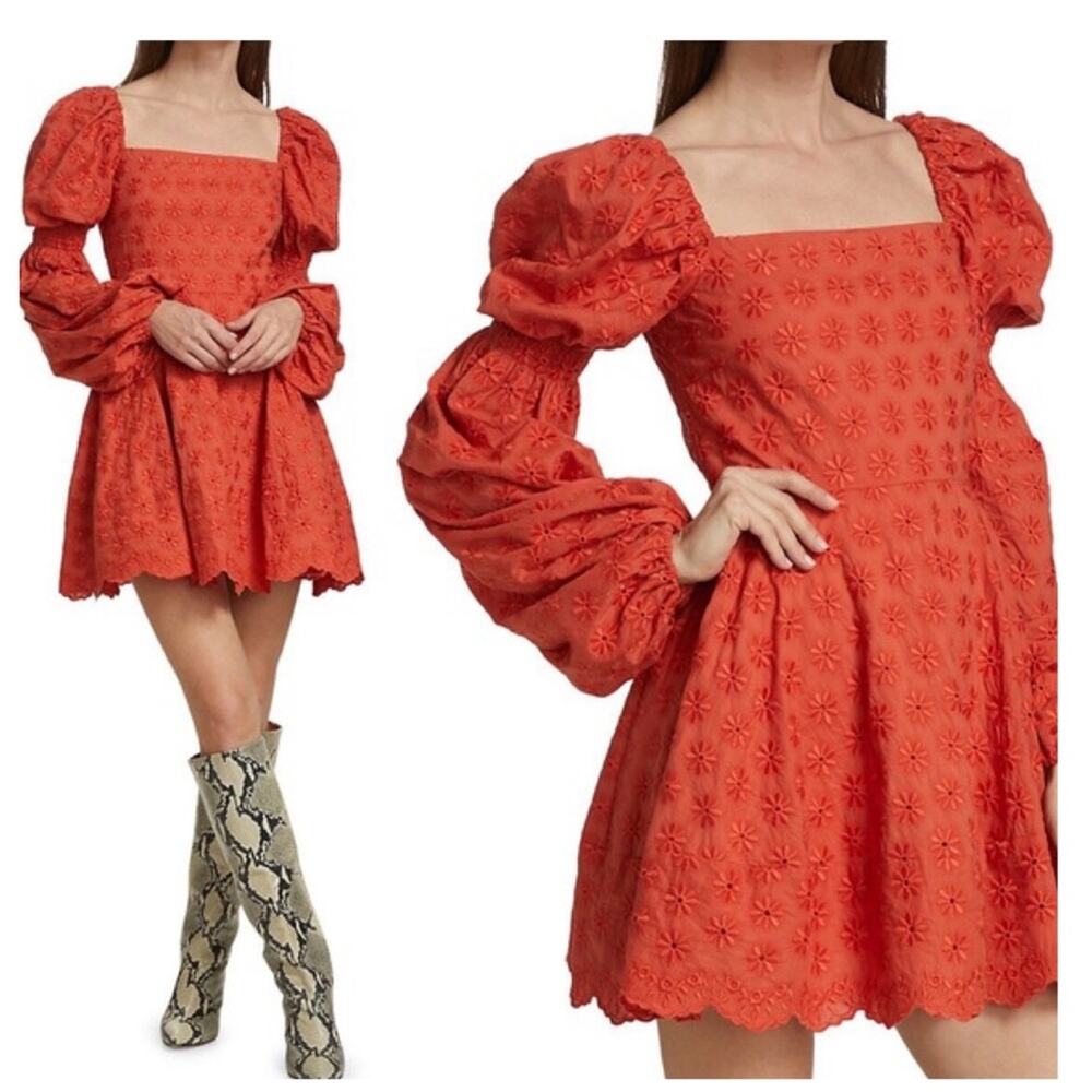 NWT Caroline Constas Wren Puff Sleeve Poplin Mini Dress XS Orange Cottagecore